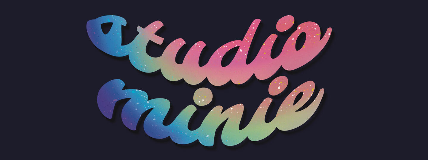 Website banner image: dark grey background, with cursive bubble letters that read “studio minie”. The two words have a sparkly rainbow gradient, are stacked on top of one another, and warped up on either side, like a smile.