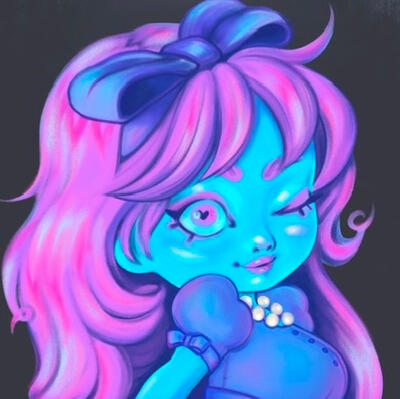 Thumbnail image of the most recently completed piece. Currently it is the “Ghost Babe” chibi adoptable. This links to my Instagram.